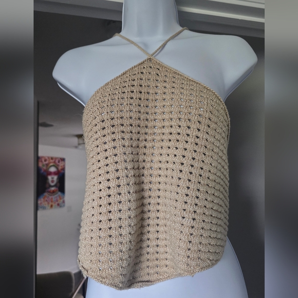 Gianni Bini Tan Crochet Edie Skirt Set Halter Top Natural Midi Skirt L Large - Picture 2 of 12
